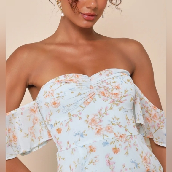 Lulus Charming Passion Mint Green Floral Off-the-Shoulder Maxi Dress Size M - Picture 3 of 10